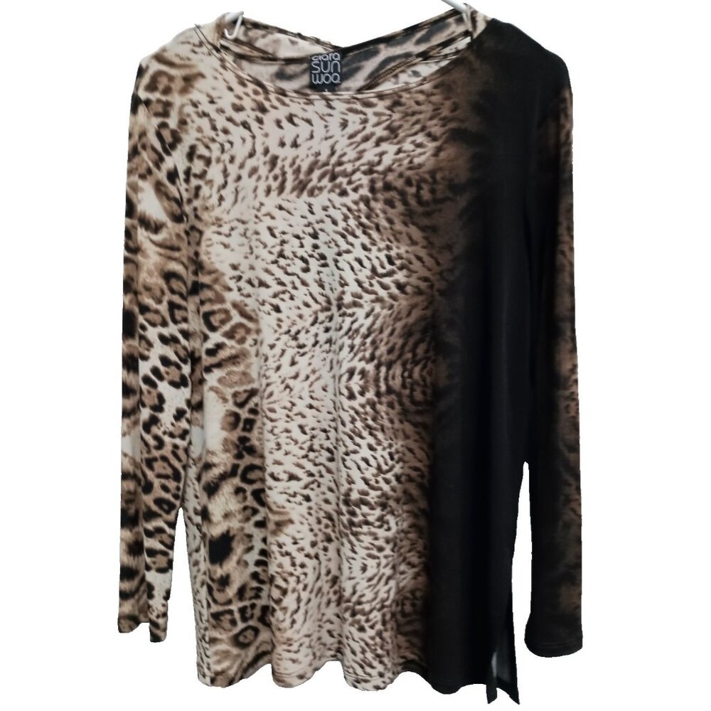 Clara Sun Woo Tunic Top Womens Small Brown Animal Print Wearable Art Liquid Knit